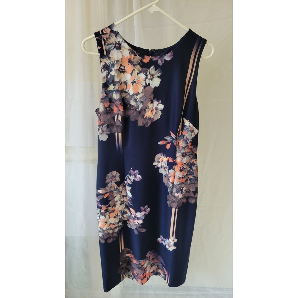 Adrianna Papell Women Navy with Floral Print Sleeveless Designer Dress Sz 12